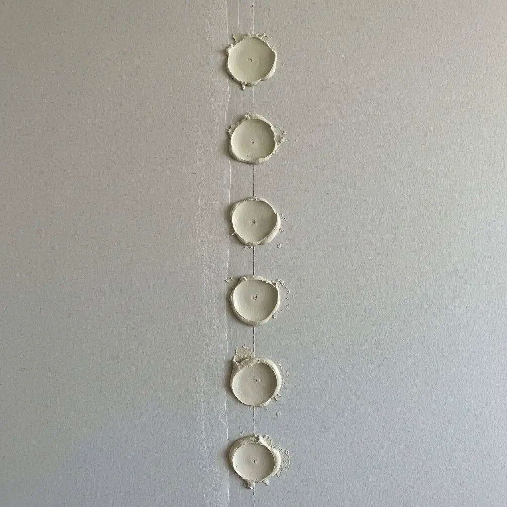 A close view of drywall screws set just below the paper face in a run down a stud line, each dimple filled flush with compound. Fills the whole frame.