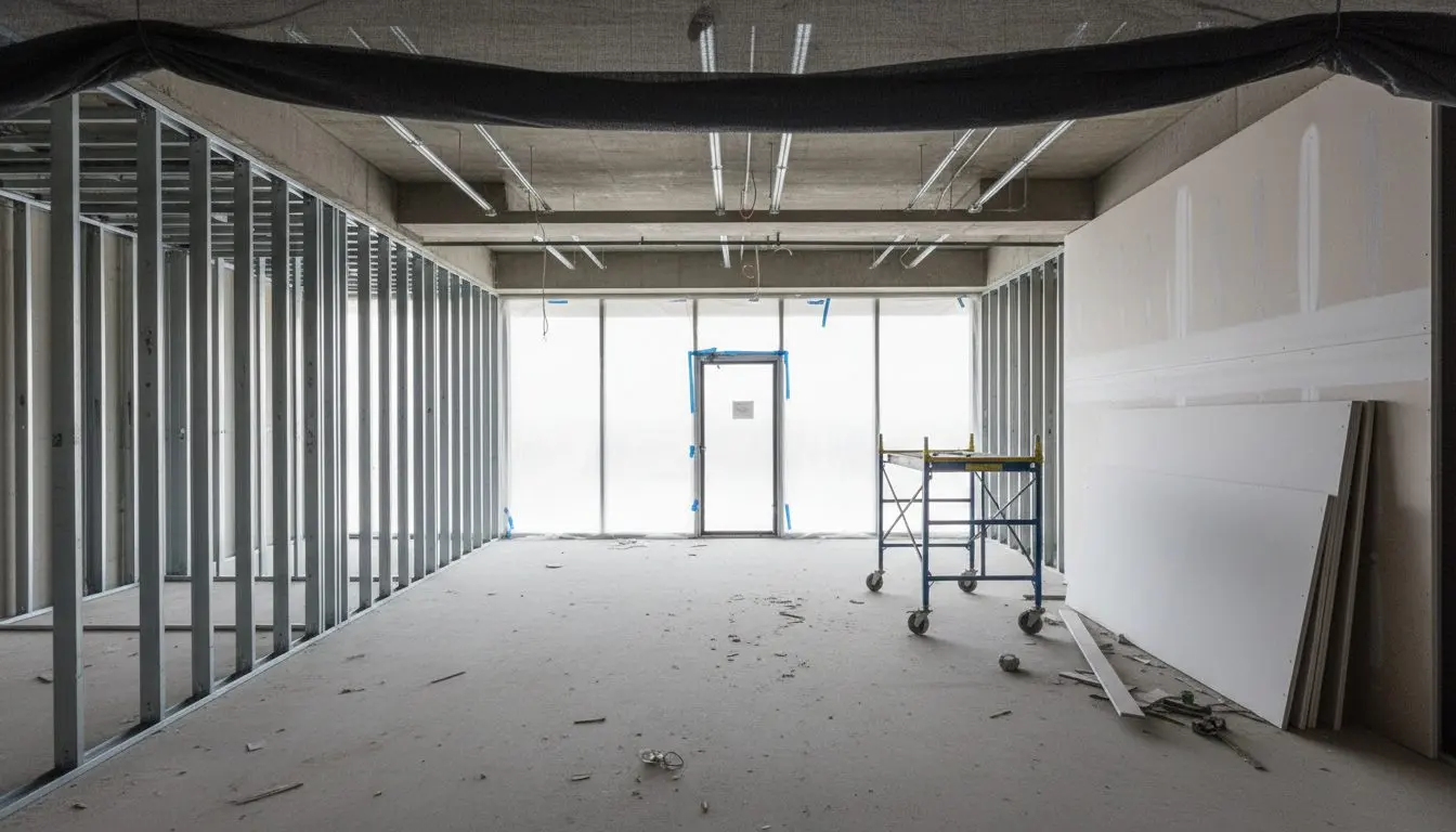A commercial buildout in progress on an open office floor, metal stud framing part hung