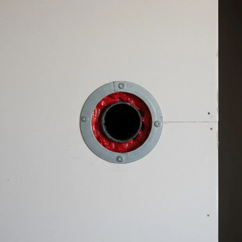 A firestop collar and red sealant around a pipe penetration through a rated wall, close enough that the penetration