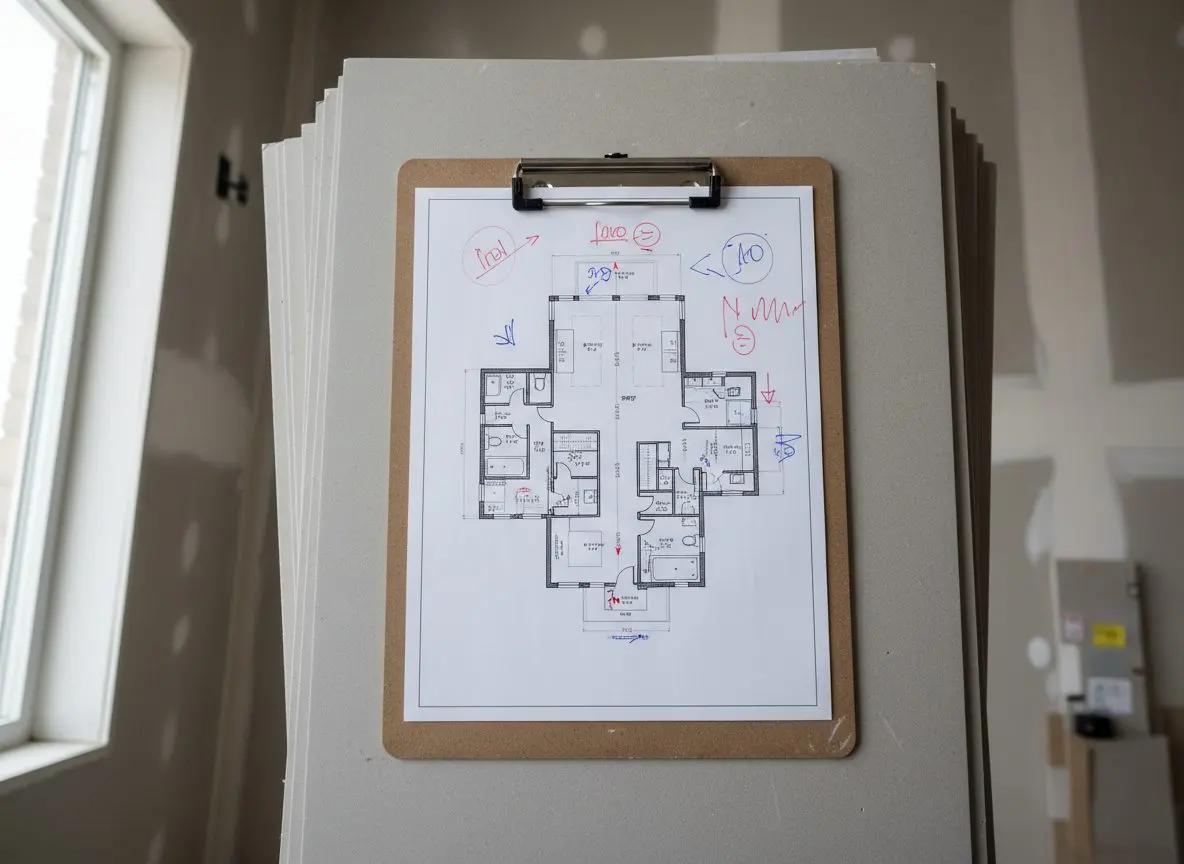A foreman's clipboard resting on a stack of board with a floor plan on it marked up in pen