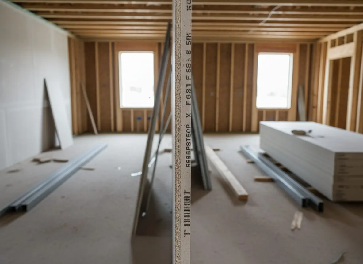 The cut edge of a sheet of five-eighths board stood on end against a wall, tapered edge toward the camera, with the printed face code sharp enough to read