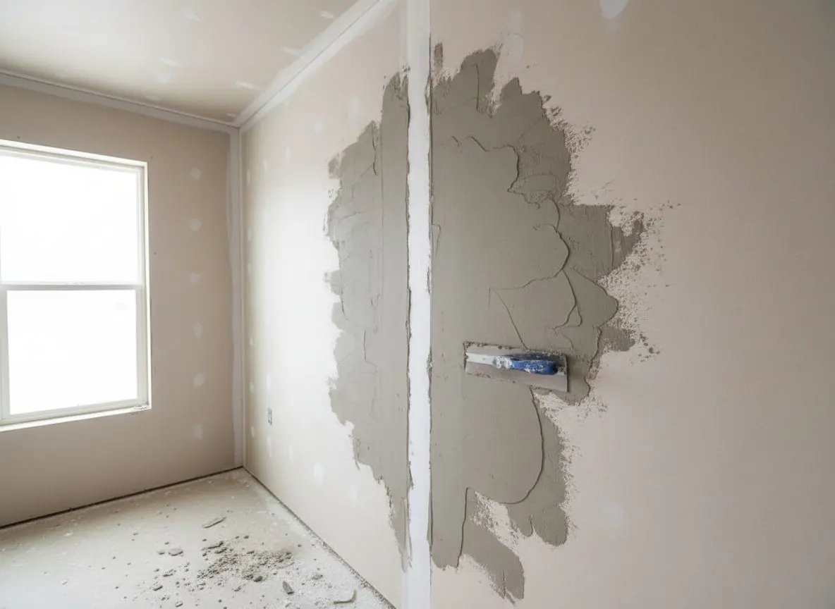 A length of paper tape bedded into wet compound along a butt joint, the taping knife still resting on the wall