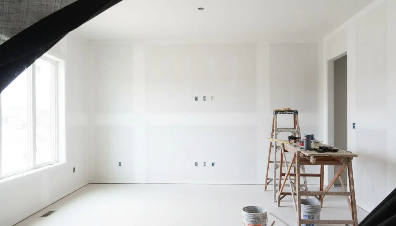 A finished open-plan living room in a valley house, late afternoon sun coming in across flat white walls and a clean ceiling line