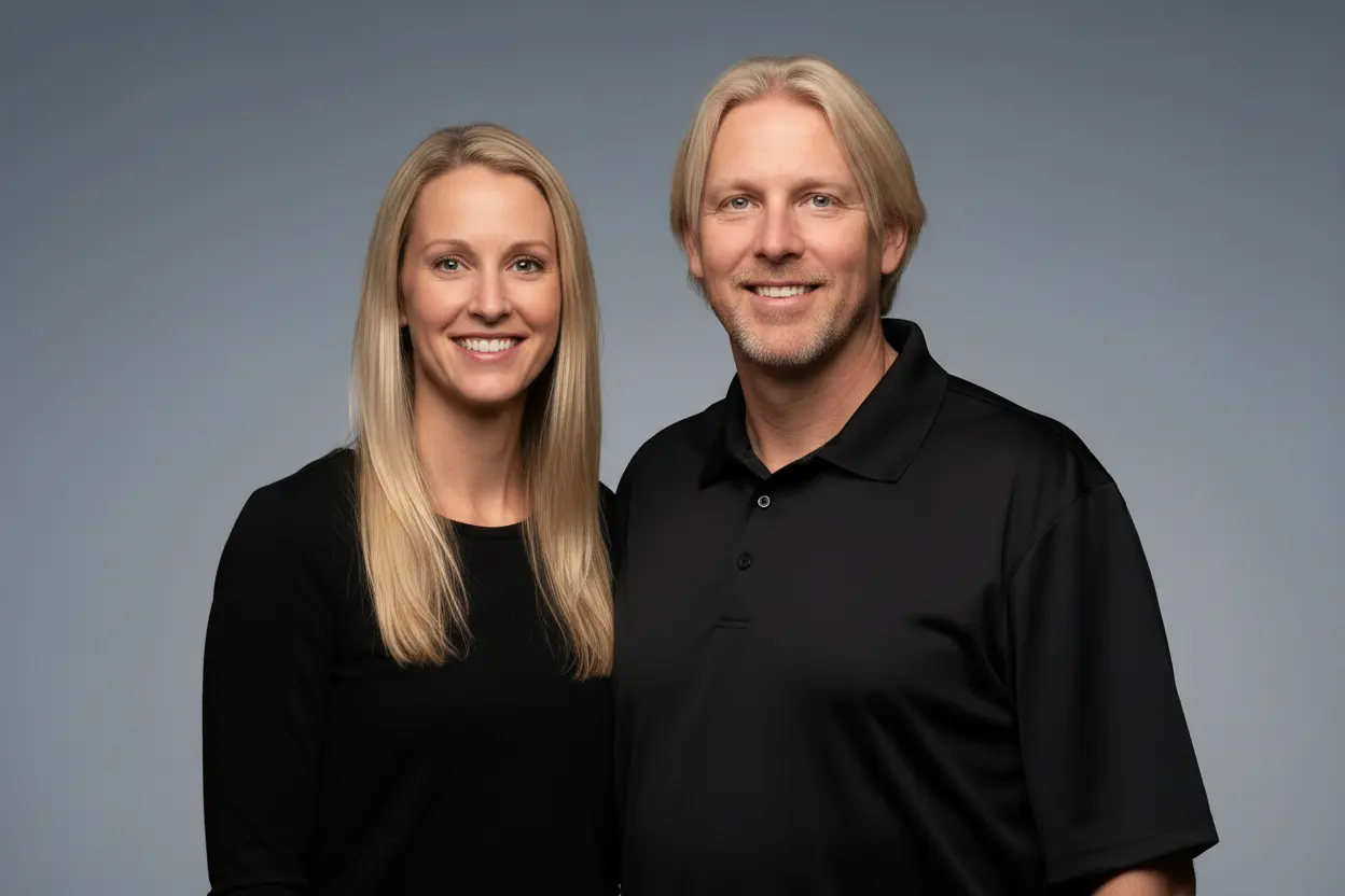 Kurt and Linnea Halvorsen standing side by side in black work shirts against a plain gray backdrop, both smiling at the camera