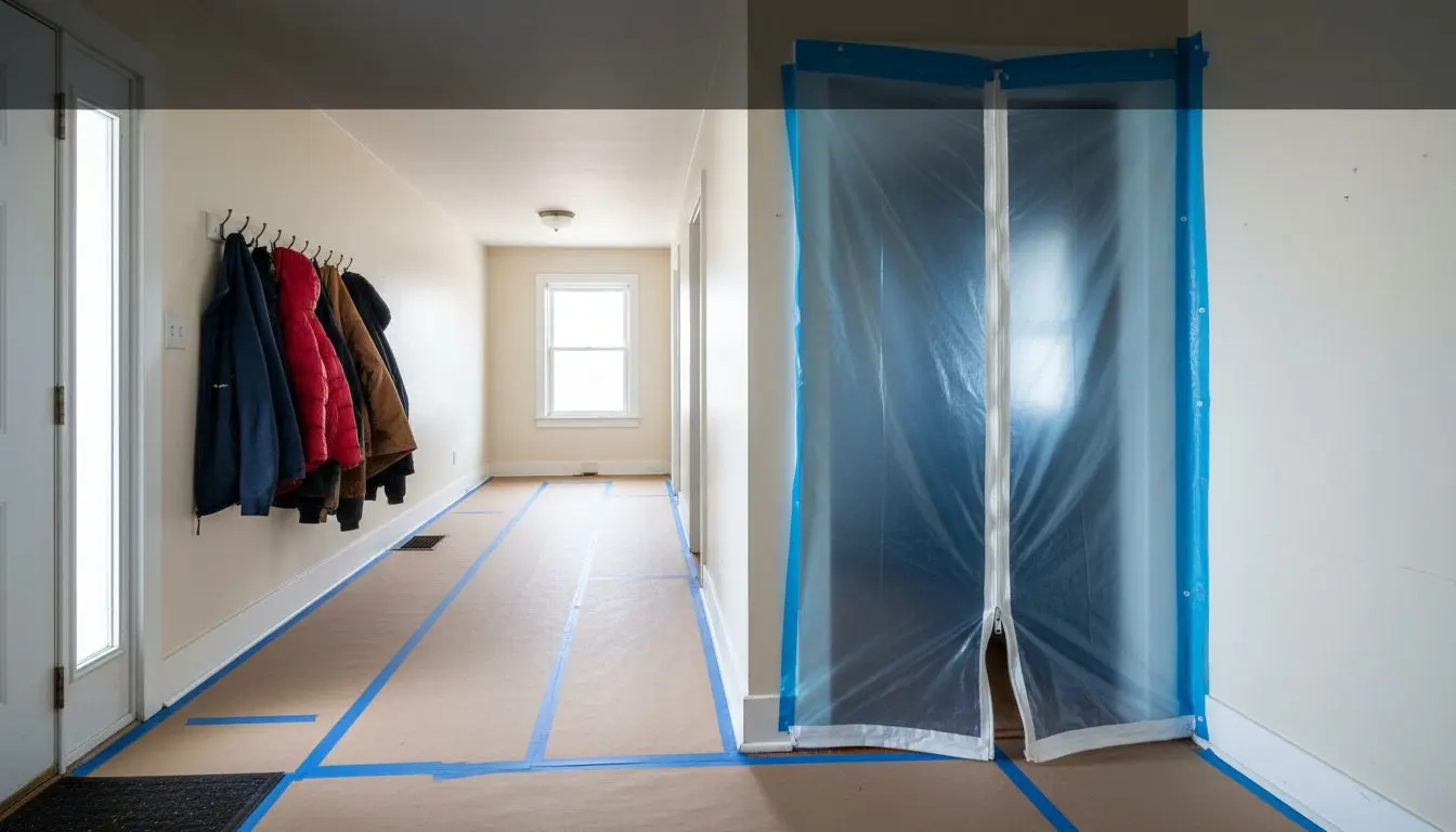 A hallway in a lived-in house with a poly dust wall and a zipped door sealing off one doorway