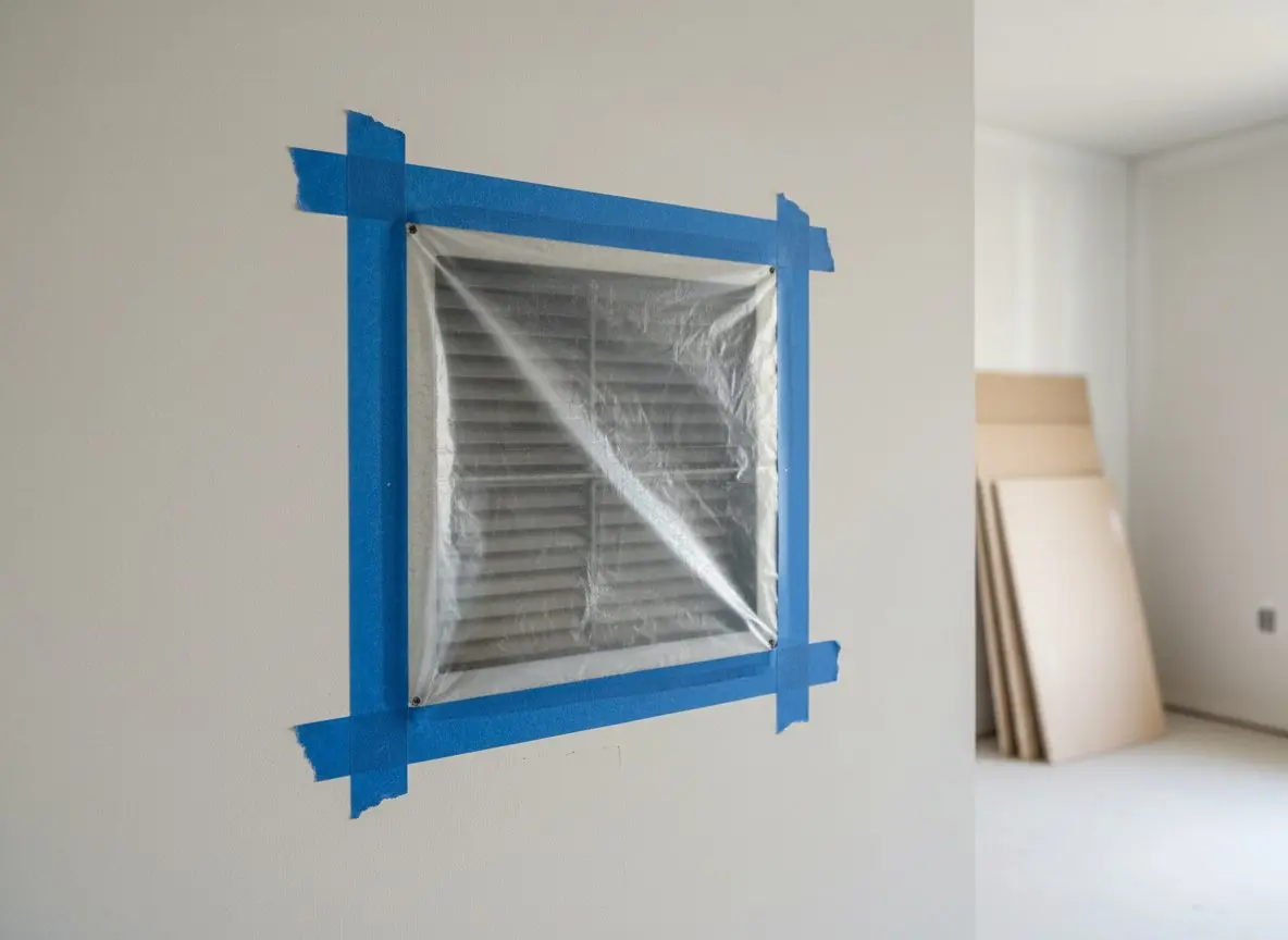 A return air register on a wall taped over with poly and painter's tape in a room that has board stacked in it