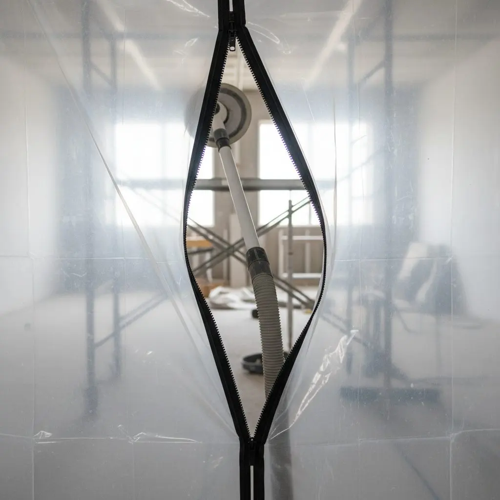 A zipped opening in a poly dust wall, half unzipped, with a sanding pole and a vacuum hose visible through the gap