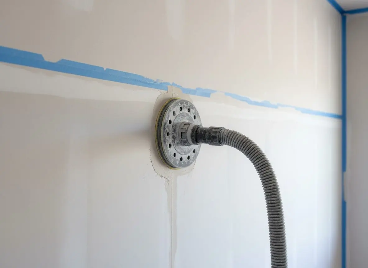 A vacuum-assisted sanding head against a taped joint with the hose running off frame, close in, with no dust visible in the air around it