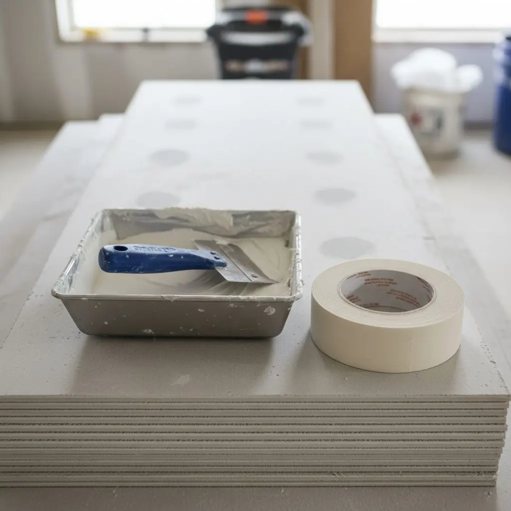 A taping knife, a mud pan and a coil of paper tape laid together on the top of a stack of board