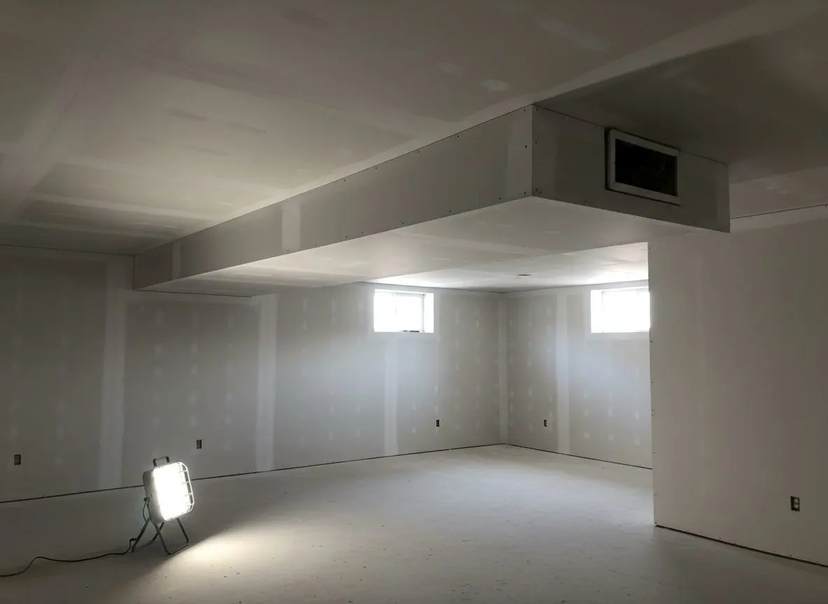 A finished basement ceiling with a boxed bulkhead running the length of it, taped, sanded and primed white, with the return around a duct visible at one end