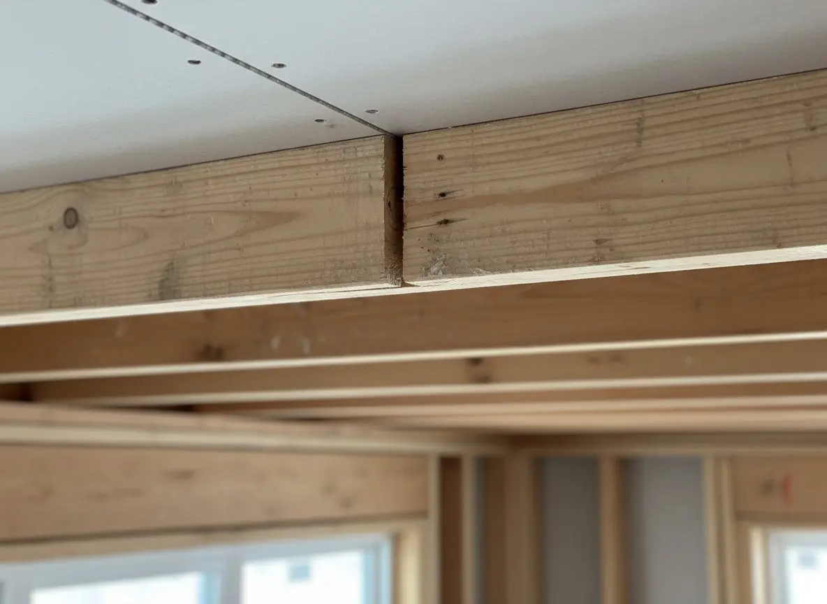 A length of blocking screwed between two joists with the cut ends of two ceiling sheets meeting on it