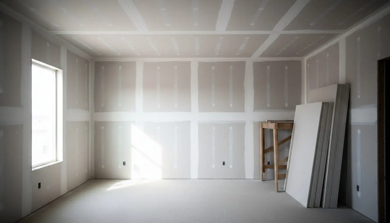 A newly hung open room with the sun coming in low across it, sheets up on walls and ceiling