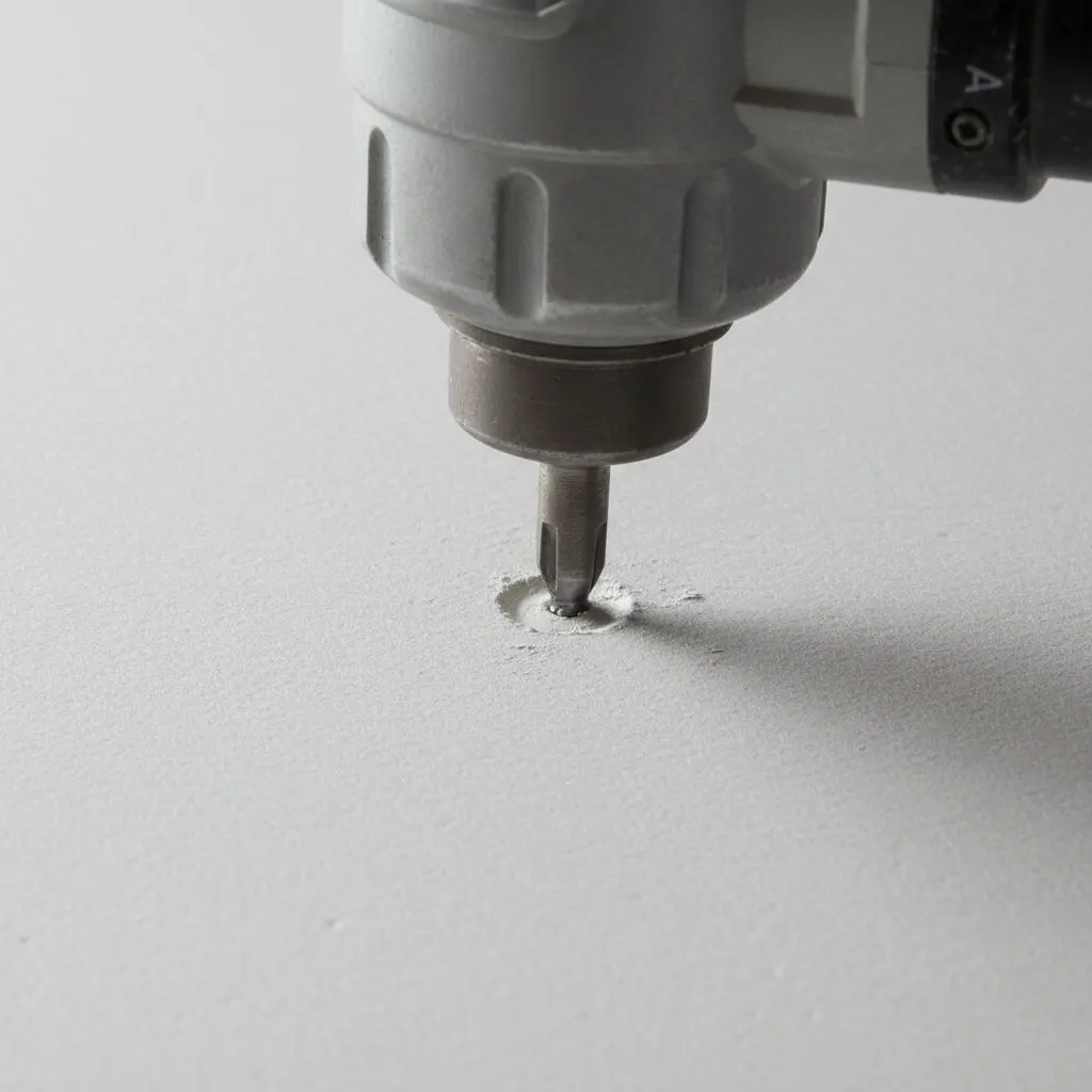 A screw gun with a drywall dimpler nose, driven into a sheet, close enough that the dimple, the paper and about four inches of board fill the whole square