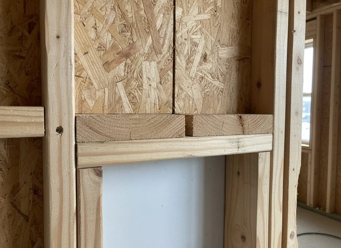 A back blocker screwed between two studs with the cut ends of two sheets meeting on it