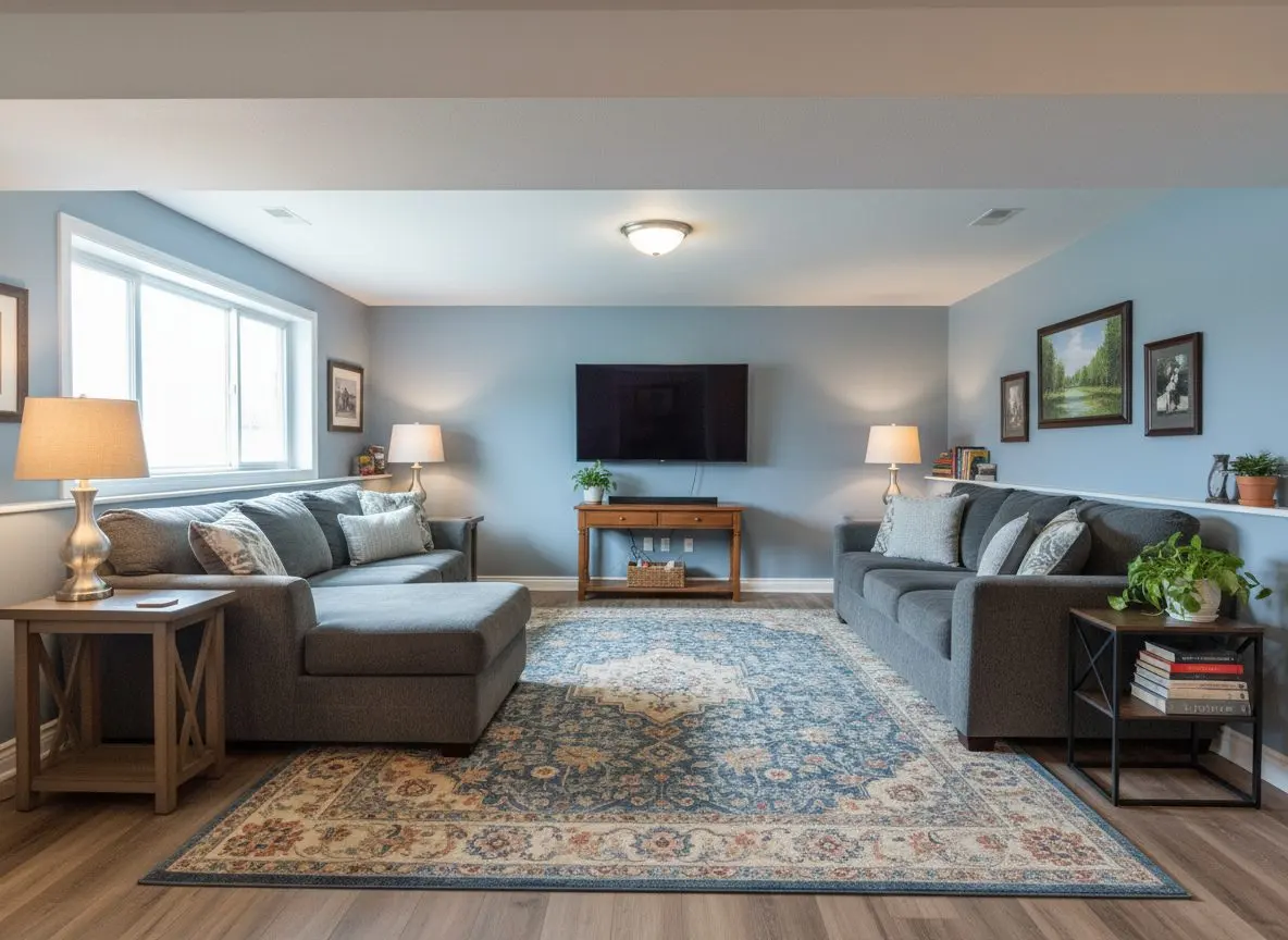 A finished basement family room, furnished and lived in
