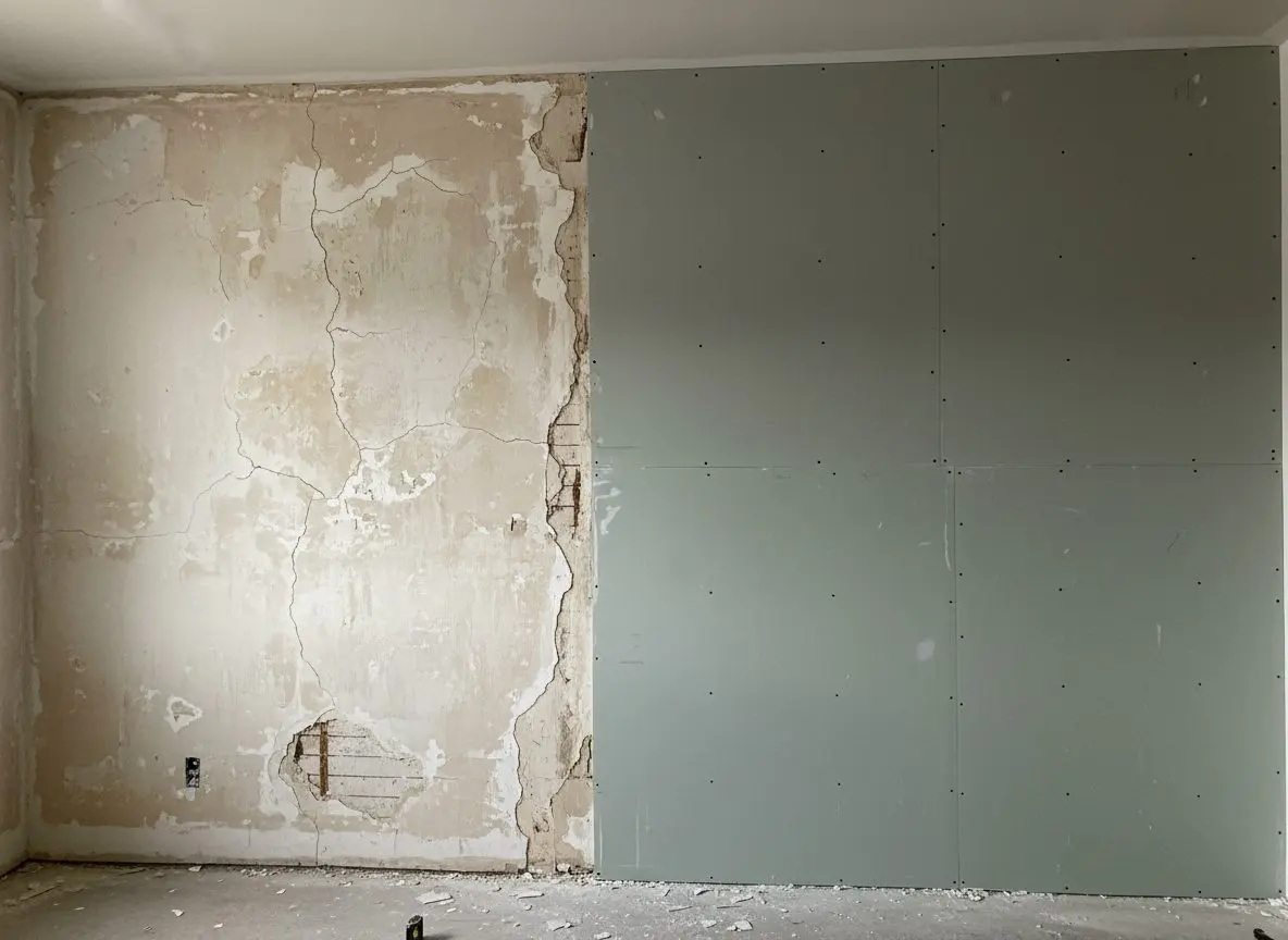 Two halves of one wall in a single frame, one side still carrying old cracked plaster and the other already sheeted in new board