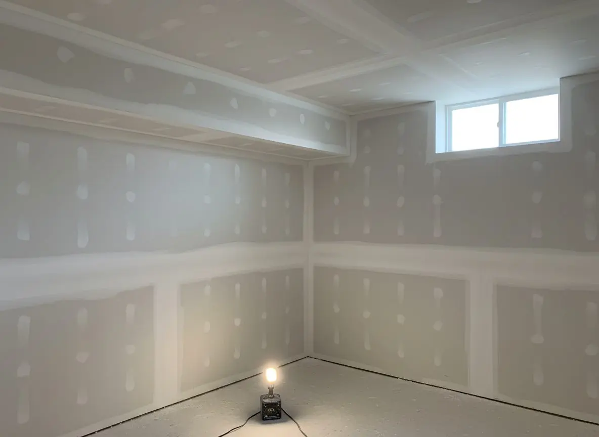 A finished basement room with board up, taped, sanded and primed white, the corner beads crisp and a run of bulkhead boxing along one wall