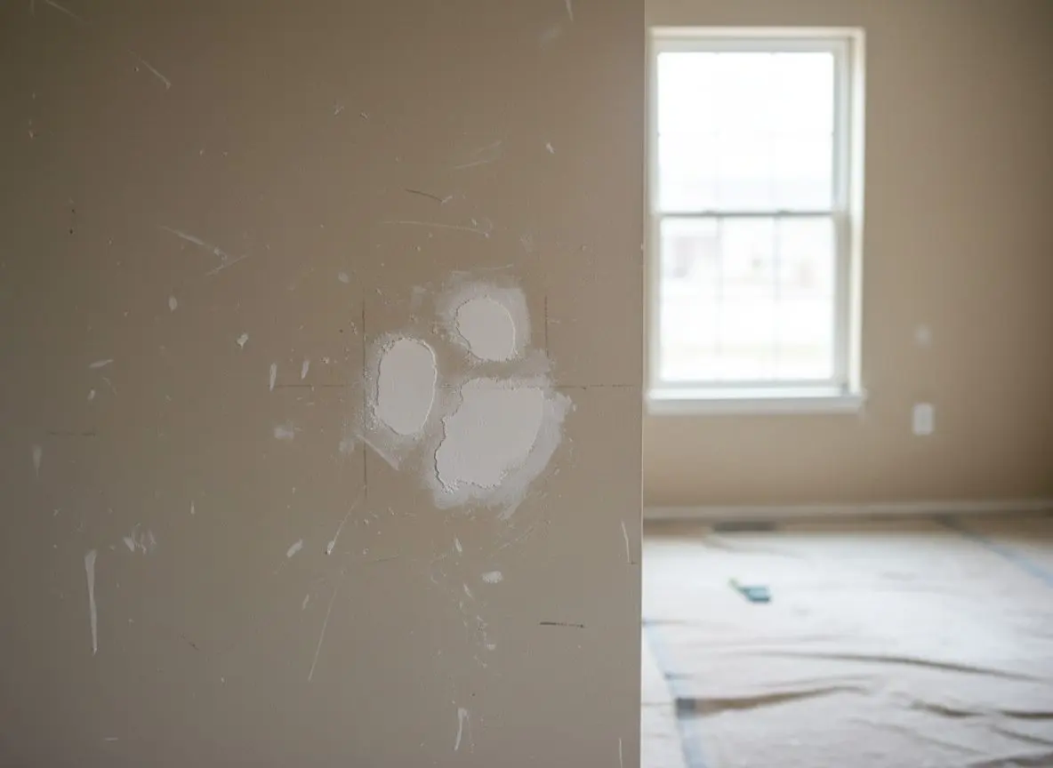 A small cluster of finished repairs on one wall, primed white against the older painted surface around them, with the feathered edges just visible in side light