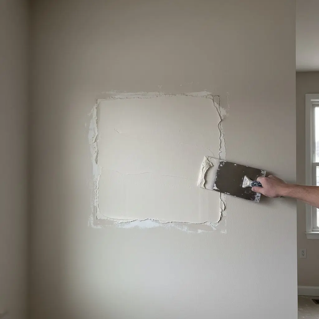 A taping knife feathering a third coat out over a square patch, close enough that the patch, the knife and about six inches of surrounding wall fill the square