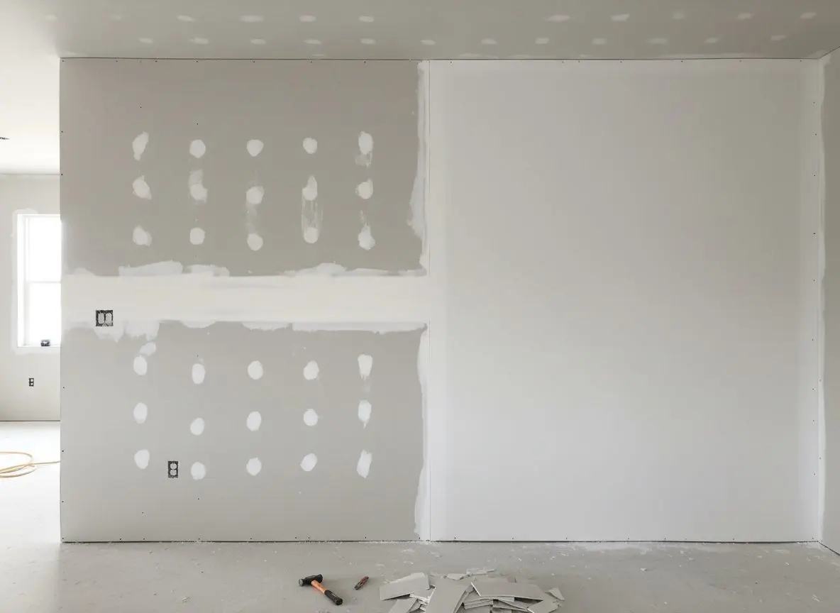 One wall in two states within a single frame, a row of small primed patches on the left and a fully rehung section on the right