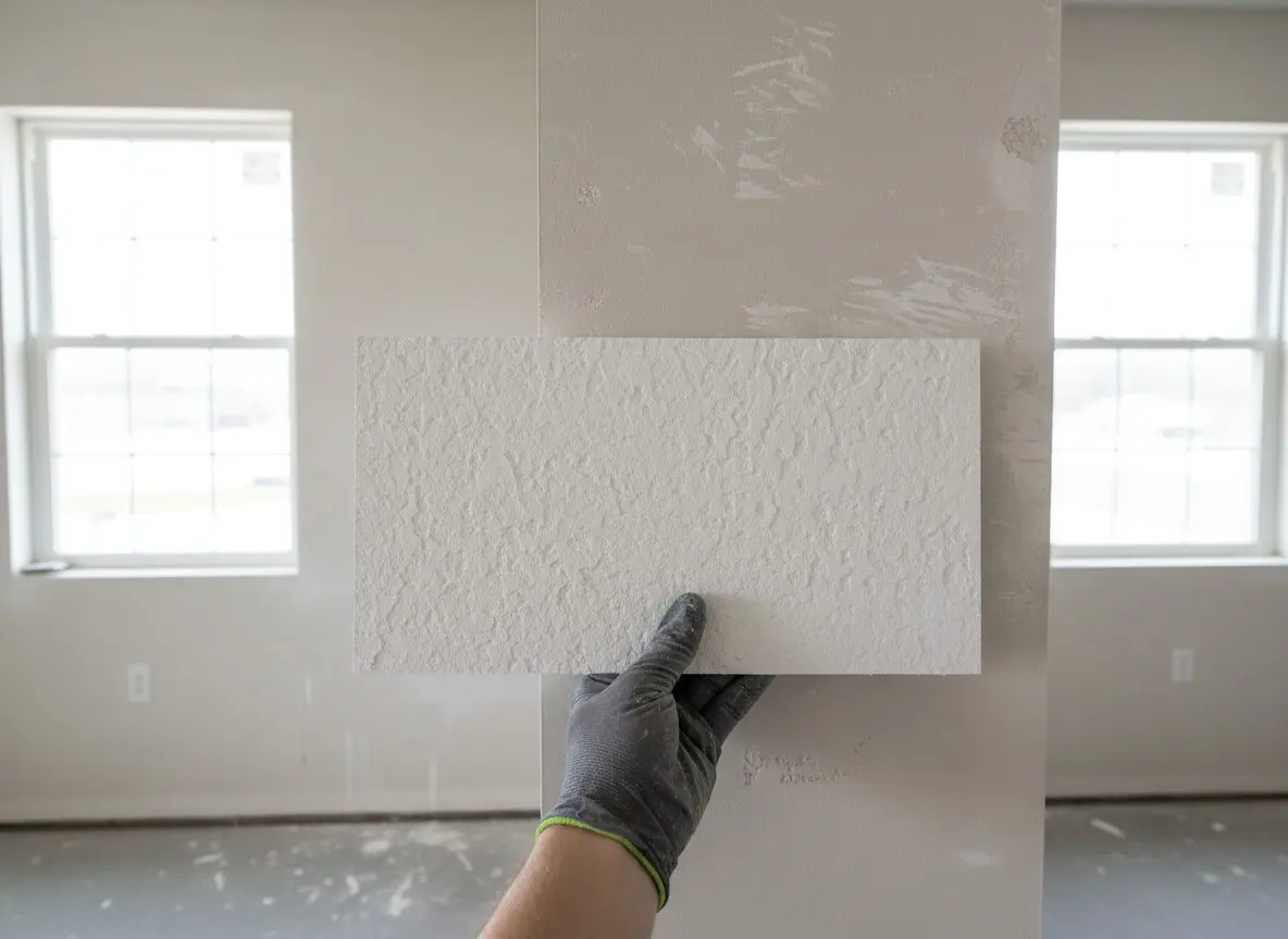 A hand holding a small sample board of sprayed knockdown texture up against an existing textured wall, close enough to compare the two patterns side by side