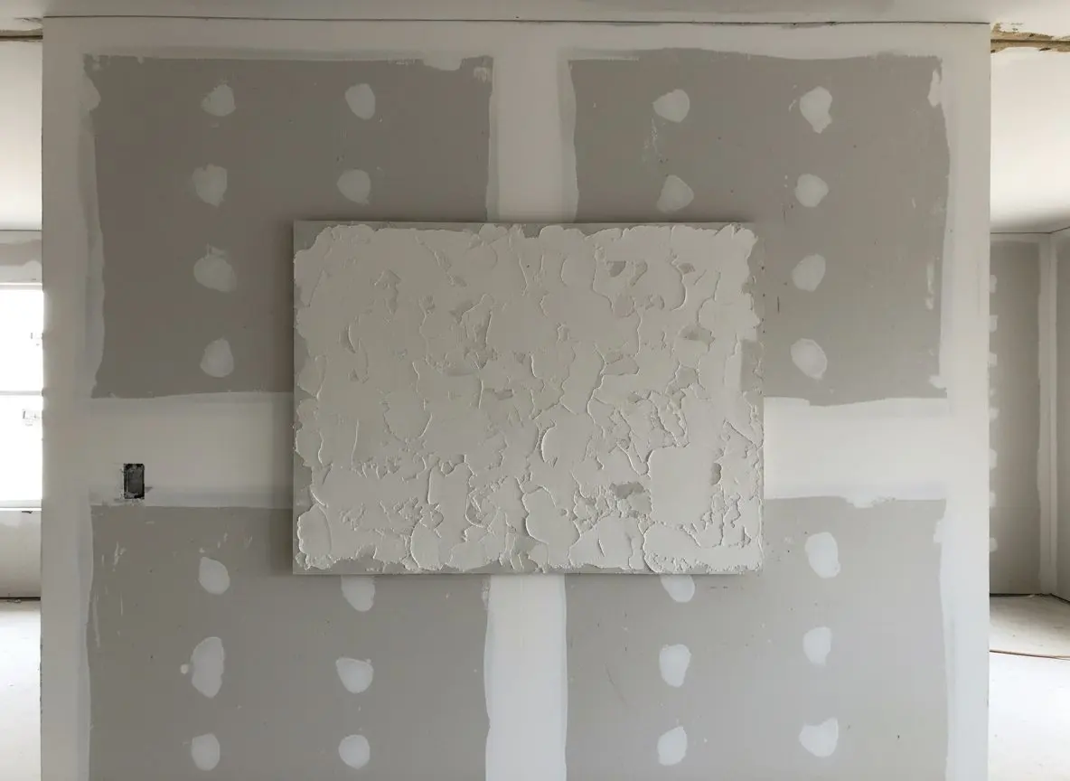 A sample board carrying sprayed knockdown held up flat against an existing textured wall, close and square on