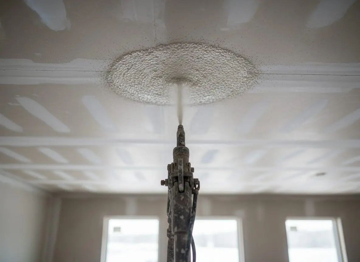 A hopper gun nozzle mid-spray against a ceiling