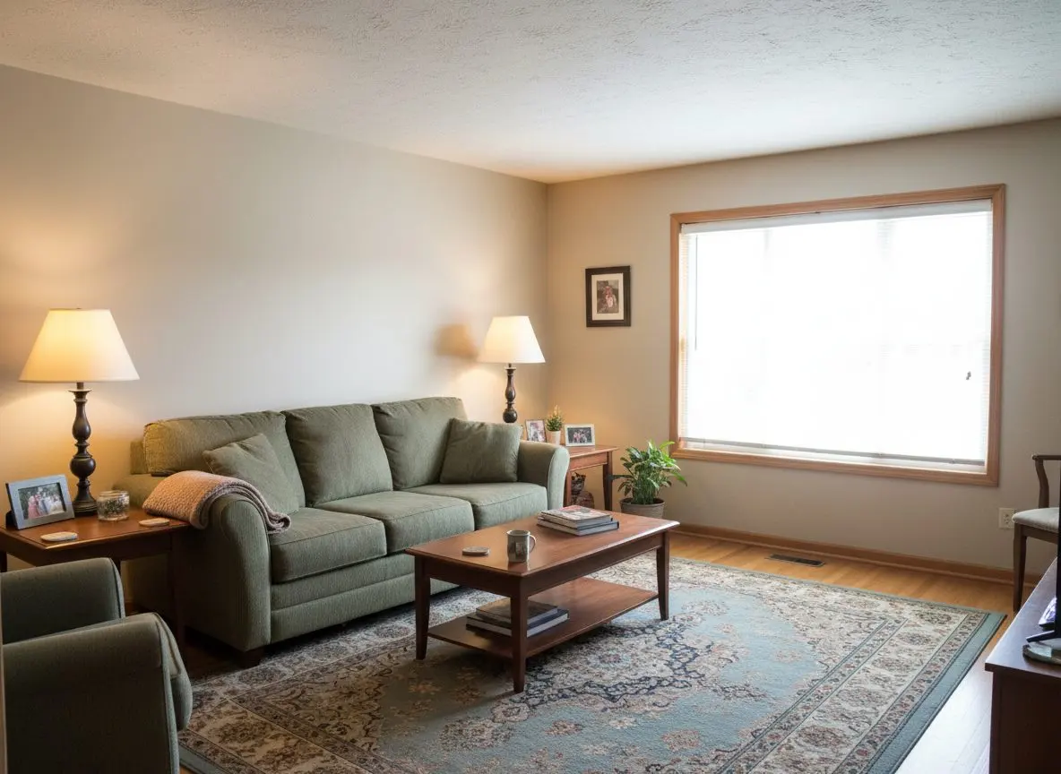 A furnished and lived-in room with a lightly textured ceiling and flat painted walls