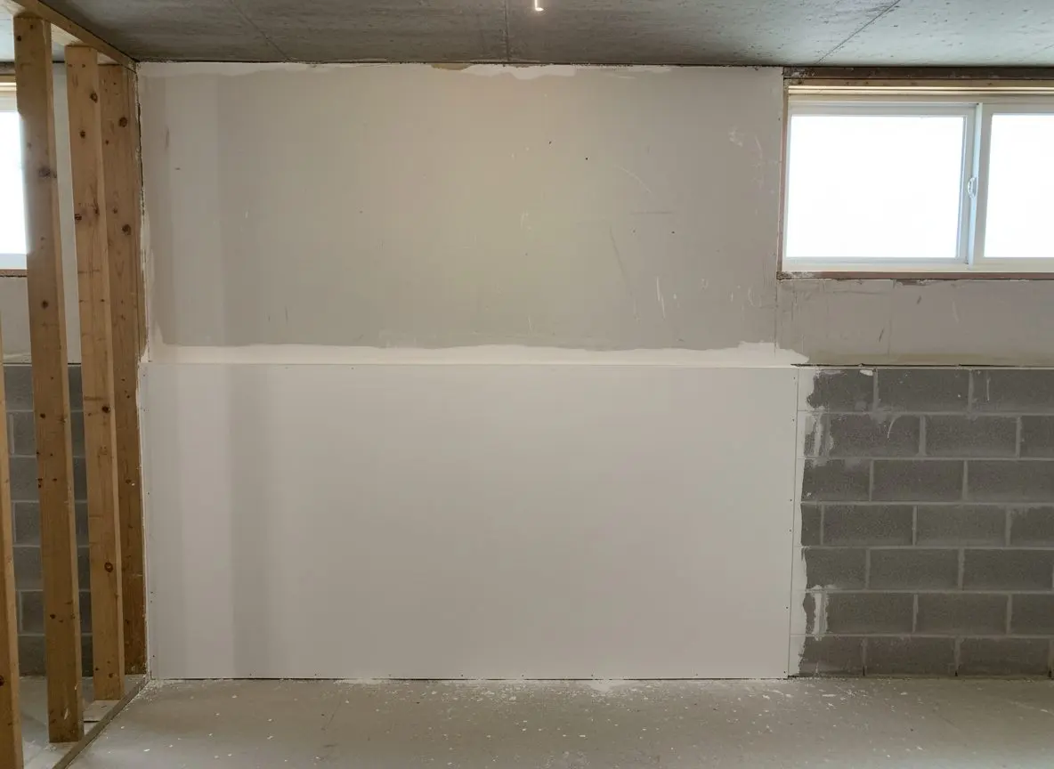 A basement wall rebuilt to just above the old water line, new board taped and primed white below the line where the original wall carries on above it