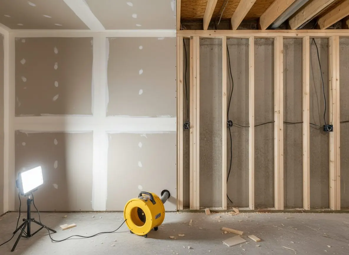 One basement wall in a single frame, half of it intact with an air mover blowing into a low hole behind the removed baseboard