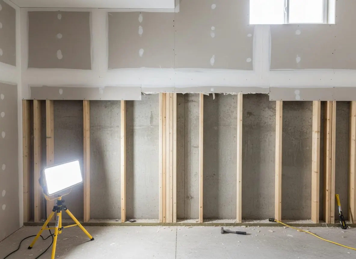 A straight horizontal flood cut across a basement wall with the board removed below it, the cut edge landing on a stud and the framing behind it clean and open